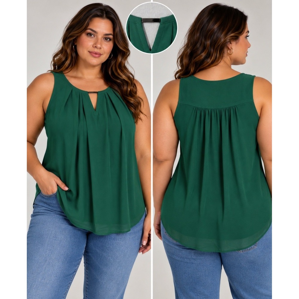 Torrid Womens Tank Top 3X Green Georgette Metal Bar Pleated Chiffon Career Wear